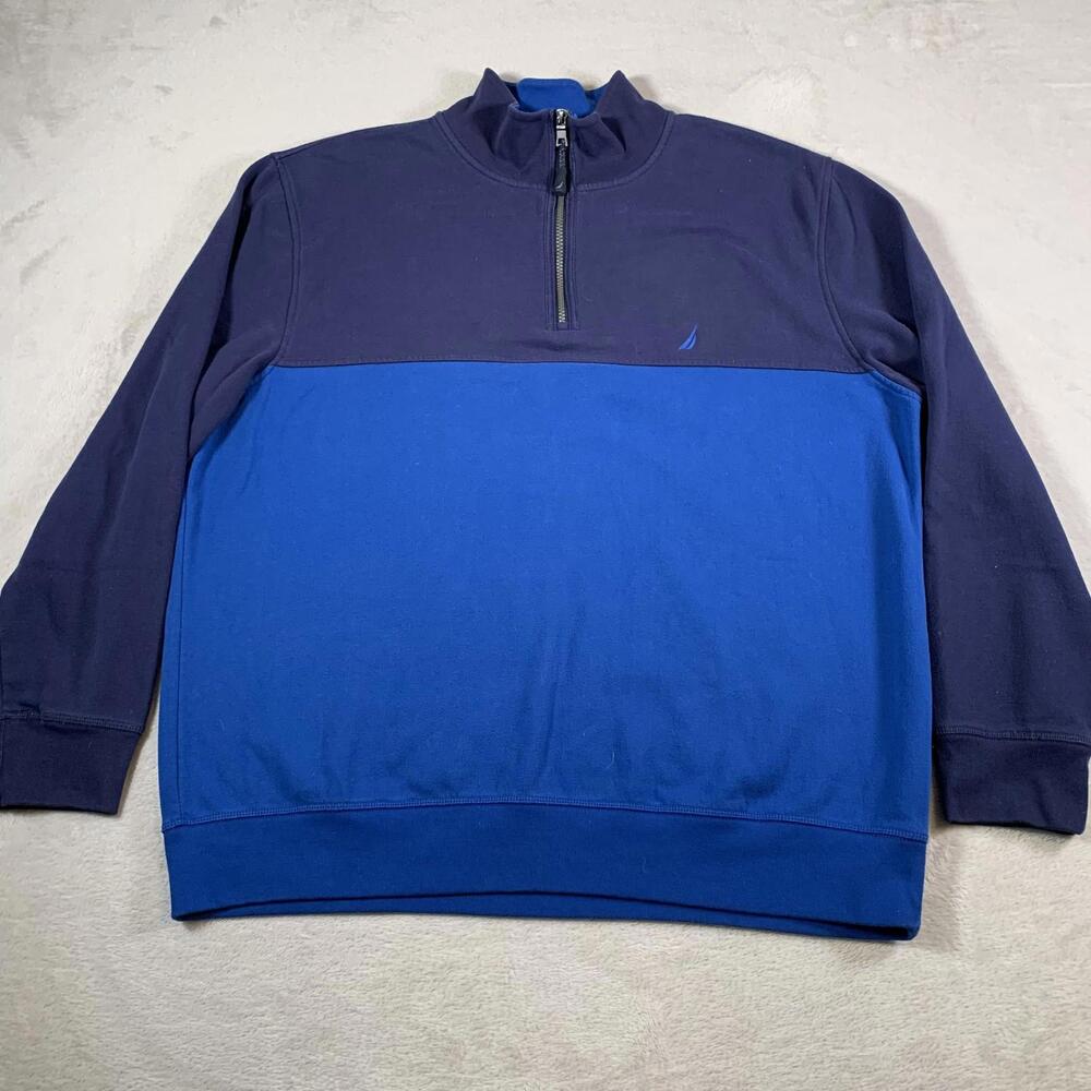 Nautica Pullover Sweater Mens 2XL Quarter Zip Colorblock Embroidered Navy Blue‎